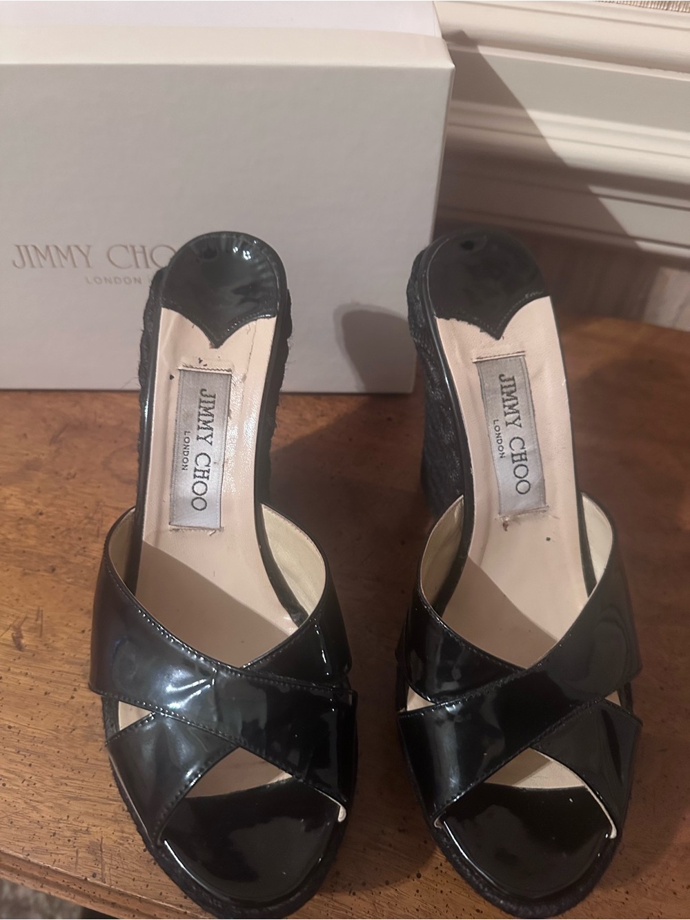 Jimmy Choo Black Patent Leather Crossover Slide Mules